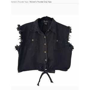 Thunder Womens Black Denim Sleeveless Crop Top Distressed Frayed Tie Front L